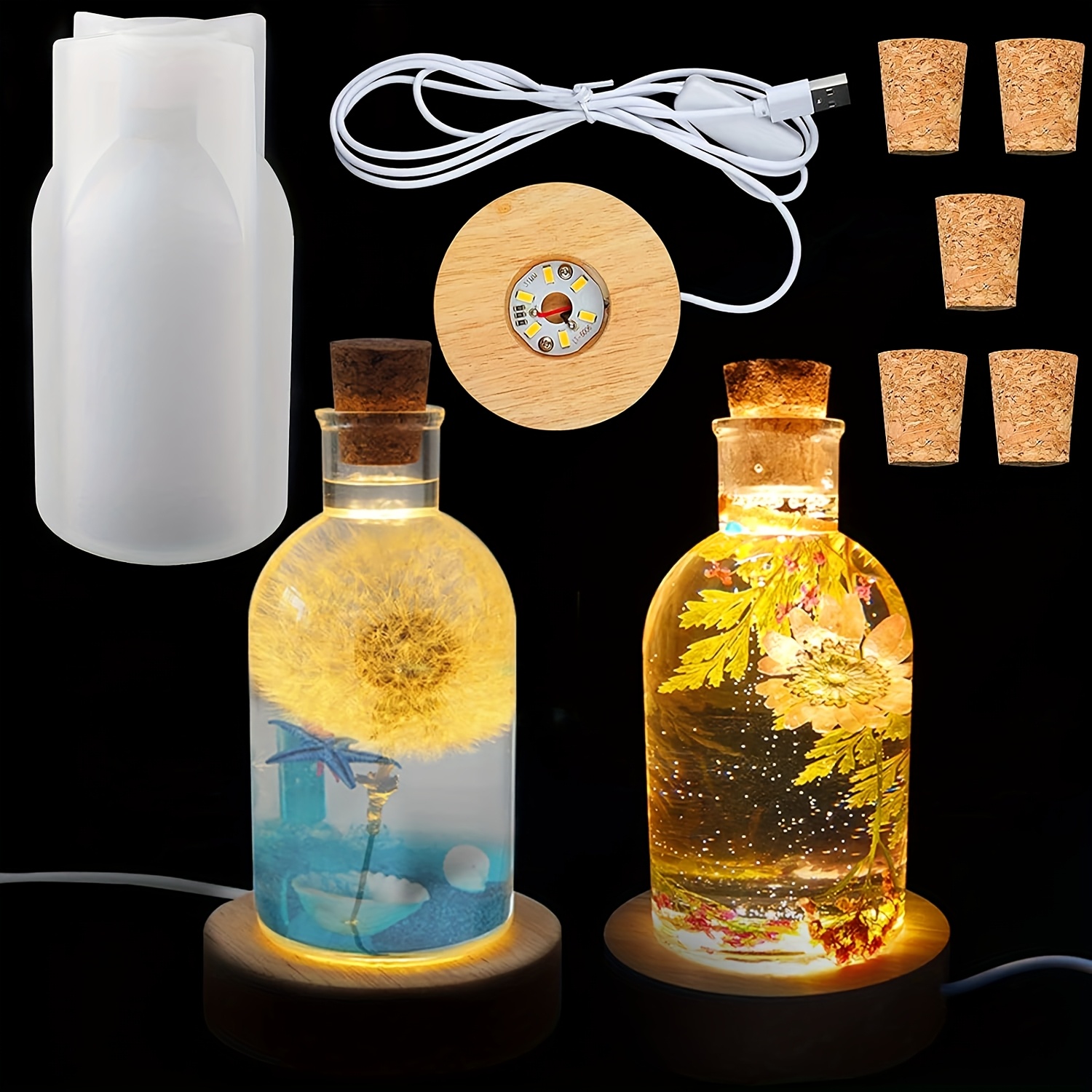 Woodworking Resin - ชุดแม่พิมพ์เรซินสำหรับทำขวดลอยน้ำพร้อมไฟ, แม่พิมพ์เรซินซิลิโคนสำหรับทำฝาครอบไฟ LED, มาพร้อมฐานไฟไม้ที่ใช้พลังงานจาก USB และจุกไม้ก๊อกไม้